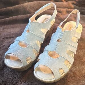 Skechers Light Blue Suede Memory Foam Wedge Sandals